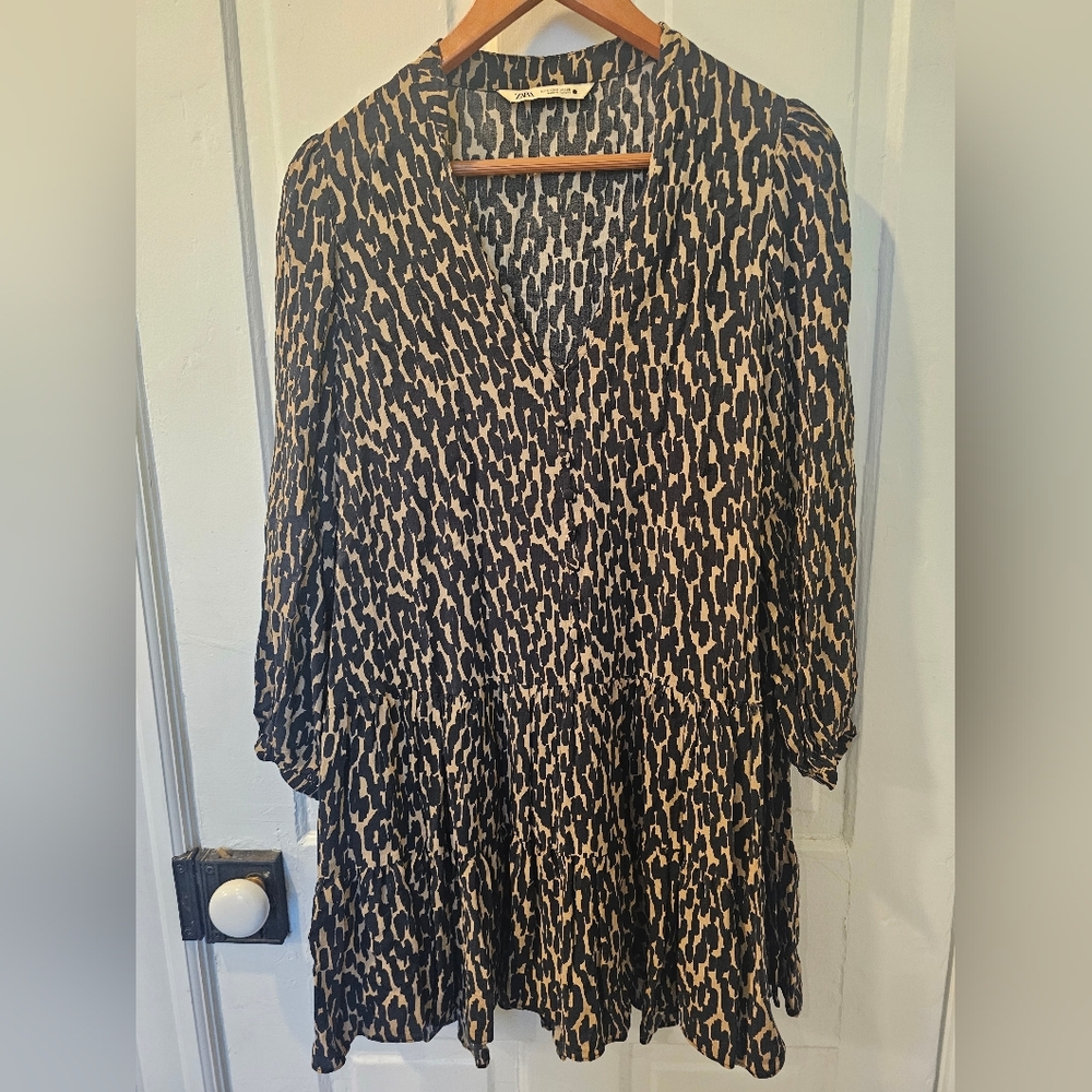 Zara "The Claris" Black And Tan Leopard Print Button Front Ruffled Dress S